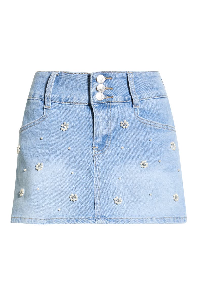 Simone Faux Pearl Embellished Denim Miniskirt, Main, color, LIGHT WASH