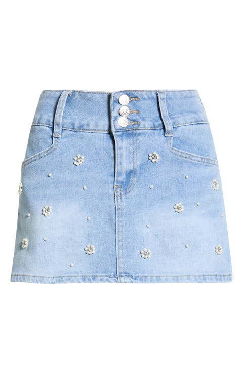 Simone Faux Pearl Embellished Denim Miniskirt