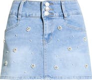 Fade Out Loud Simone Faux Pearl Embellished Denim Miniskirt