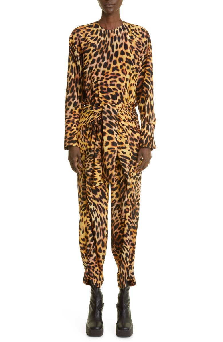 Stella McCartney Animal Print Long Sleeve Tie Waist Jumpsuit, Main, color, 