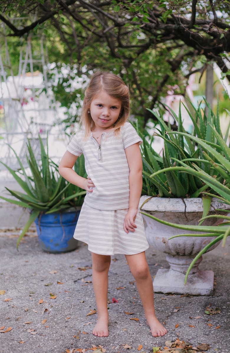 Manière Kids' Stripe Zip Short Sleeve Top, Alternate, color, Sand