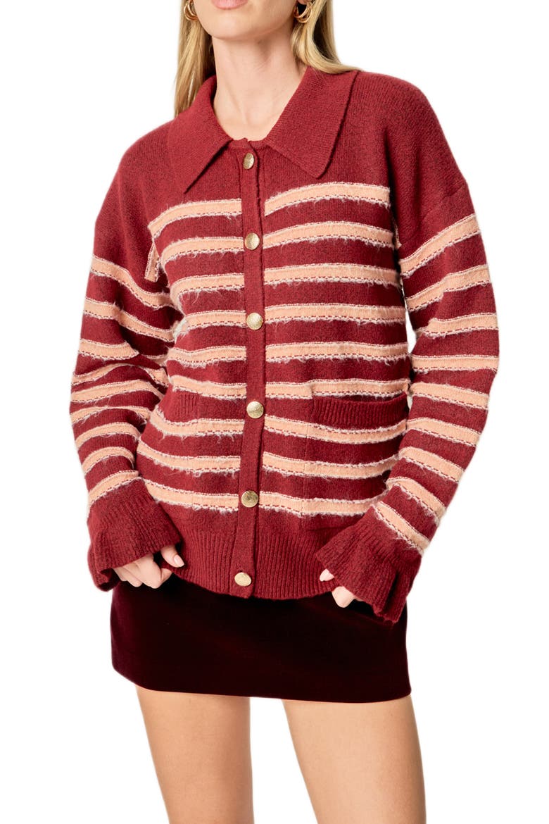 Stripe Ruffle Cuff Collar Cardigan, Alternate, color, BURGUNDY/SALMON