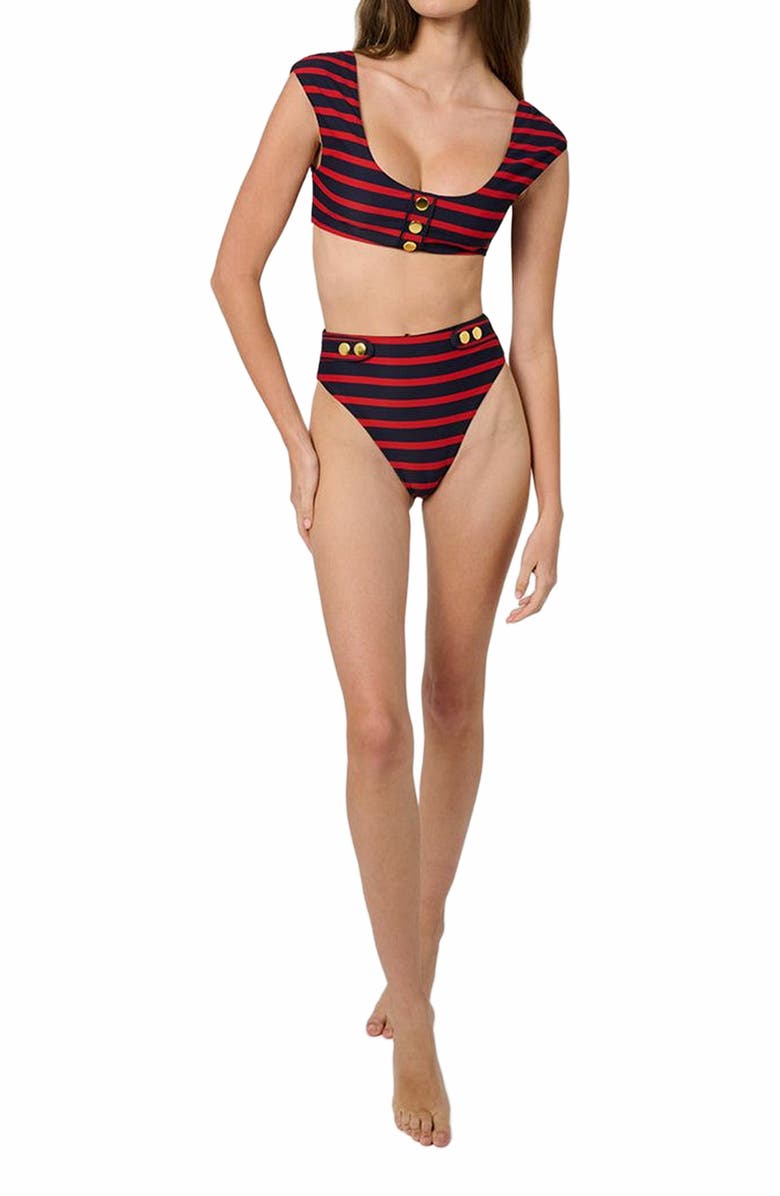 WeWoreWhat Off Shoulder Bikini Top, Alternate, color, Tr Red/Dk Navy