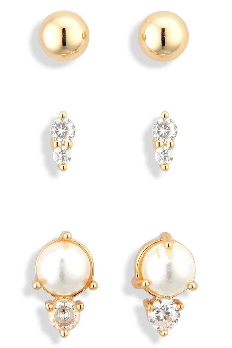 Set of 3 Cubic Zirconia & Faux Pearl Stud Earrings, Alternate, color, CLEAR- WHITE- GOLD