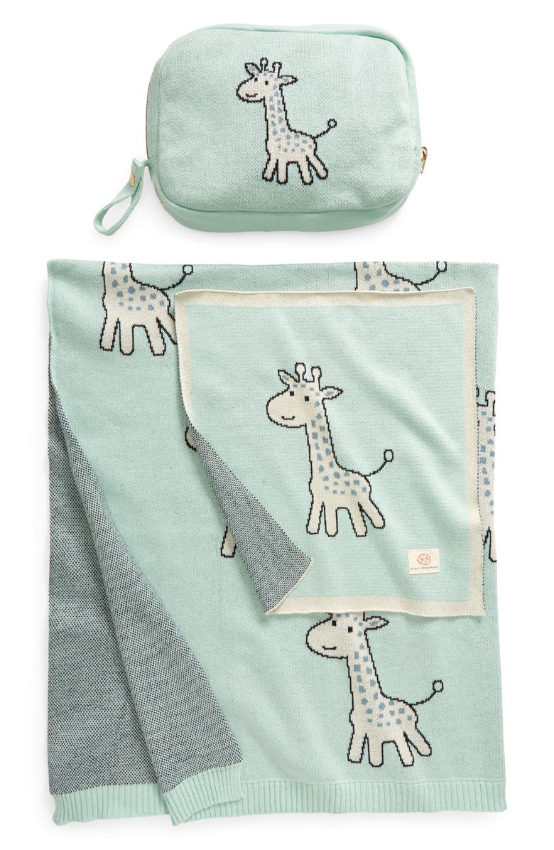 Pink Lemonade Petite Giraffe Organic Cotton Baby Blanket & Travel Pouch Set, Main, color, Mint