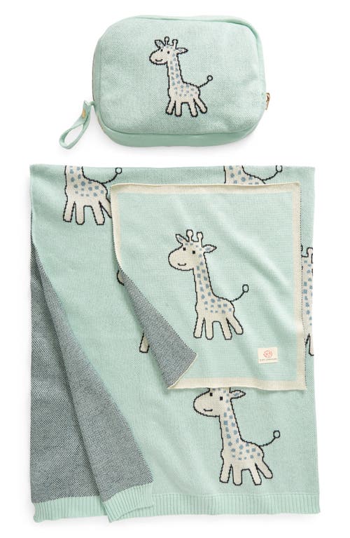 Pink Lemonade Petite Giraffe Organic Cotton Baby Blanket & Travel Pouch Set in Mint 