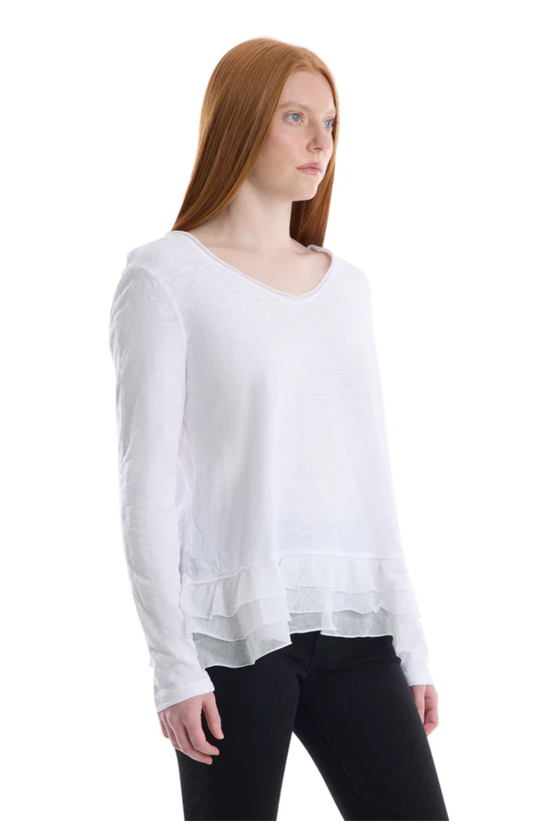 WILT Clothing V-Neck Mixed Media Long Sleeve Tee With Ruffle Hem, Alternate, color, White