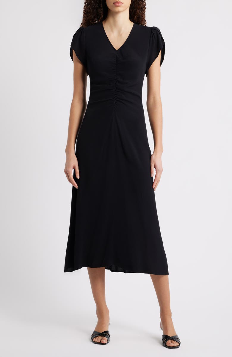 Caslon<sup>®</sup> Ruched Midi Dress, Main, color, Black