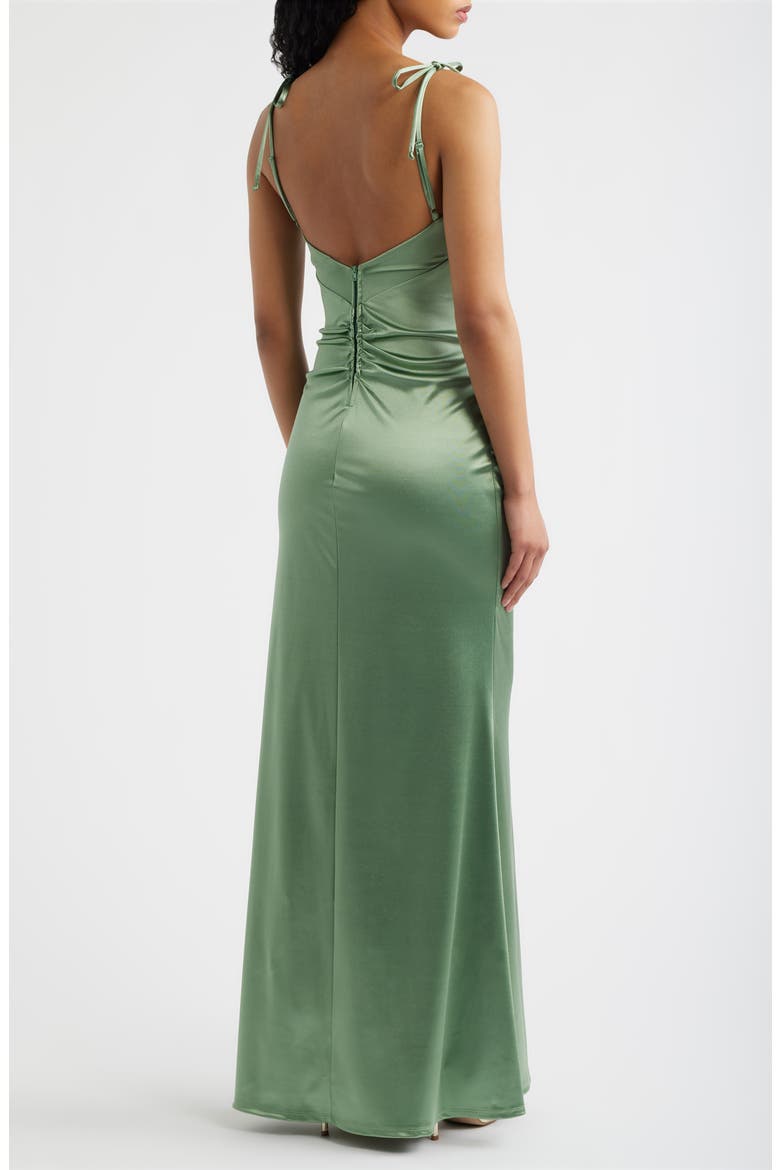 Emma Ruched Tie Strap Satin Gown, Alternate, color, PISTACHIO