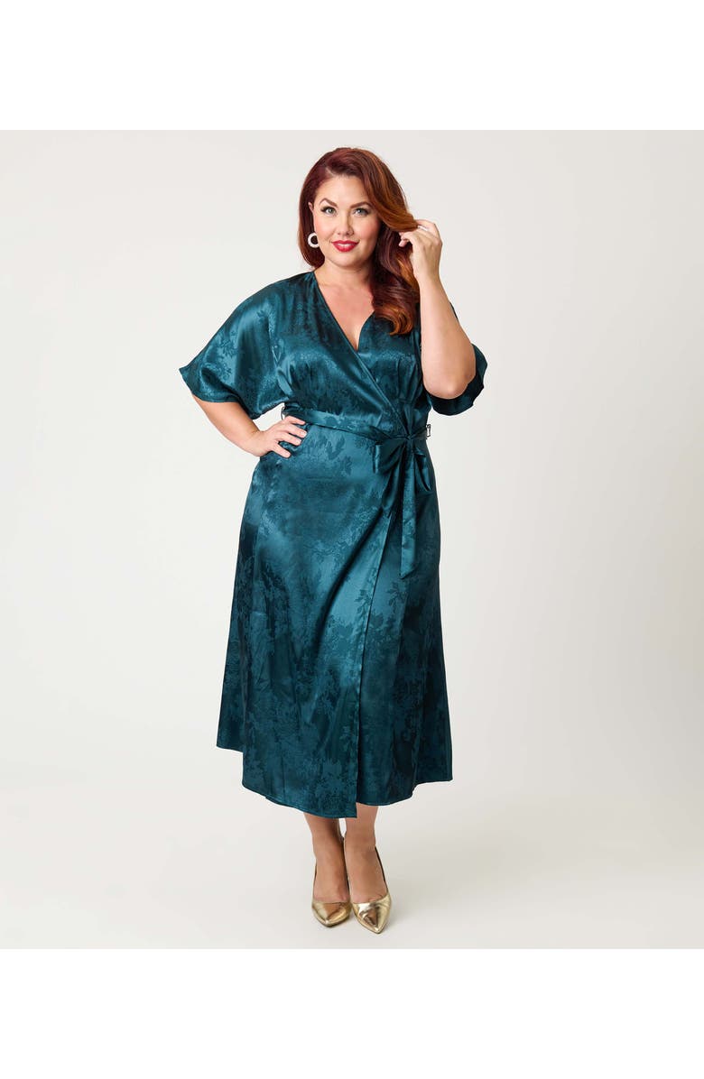 Unique Vintage Plus Size Tie Wrap Surplice Midi Dress, Alternate, color, Teal Floral