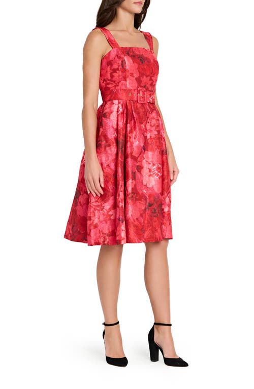 Tahari Asl Floral Print Crinkle Belted Dress In Red