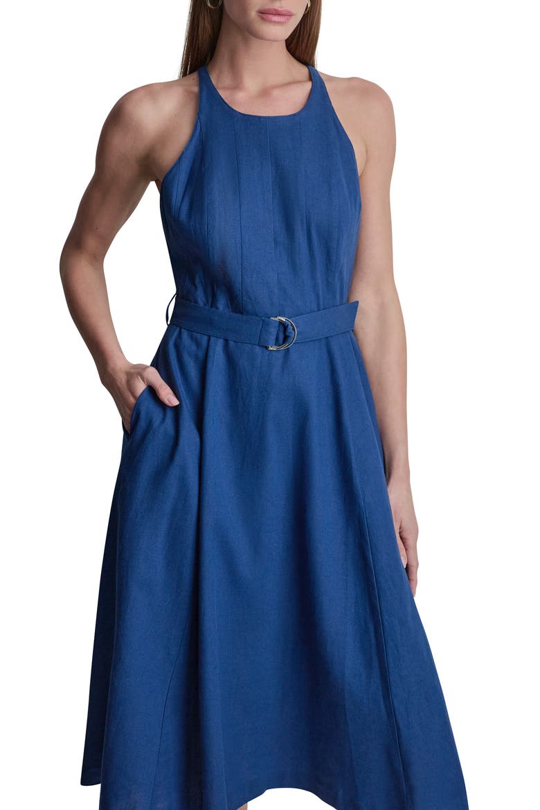 Belted Linen Blend Midi Dress, Alternate, color, ADMIRAL