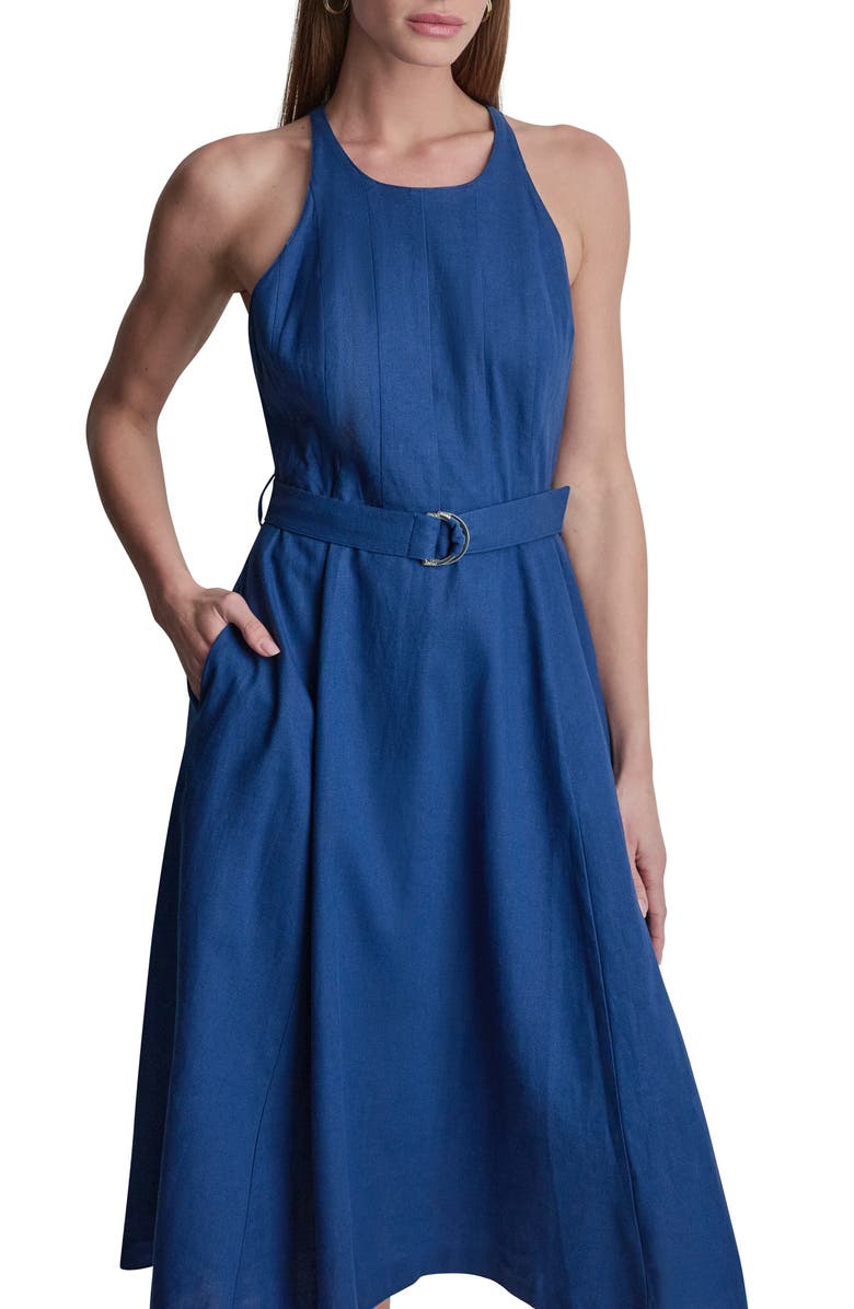 DKNY Belted Linen Blend Midi Dress, Alternate, color, Admiral