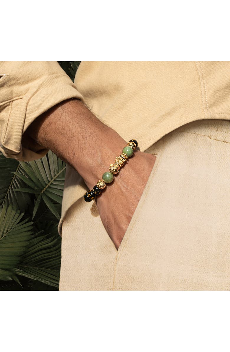 Karma and Luck Men's Black Obsidian Feng Shui Beaded Bracelet Cleansed Aura, Alternate, color, Black/Gold/Green