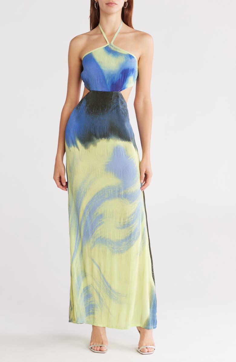 Simkhai Julius Halter Neck Cutout Maxi Dress, Main, color, Marina Blue Print