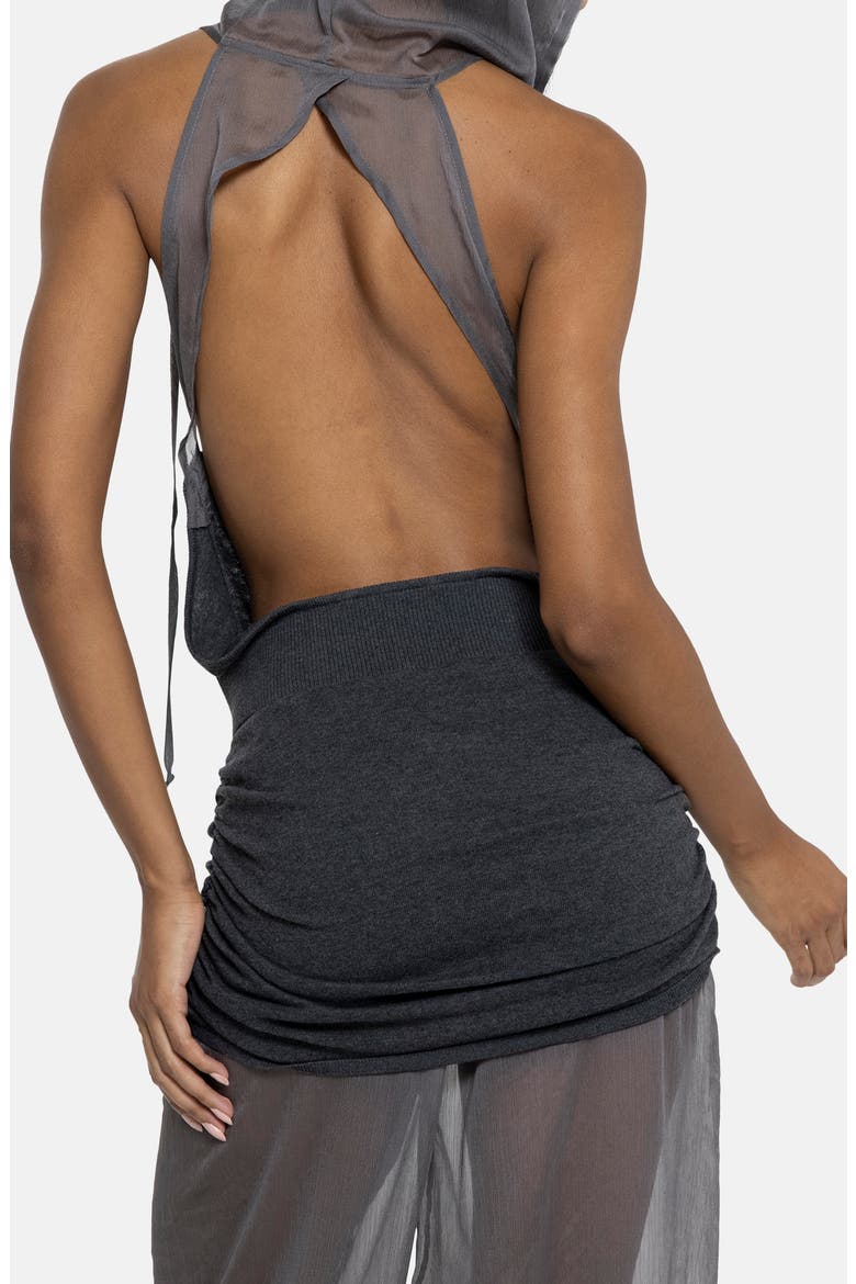 Plunge Neck Knit Chiffon Hooded Top, Alternate, color, GREY