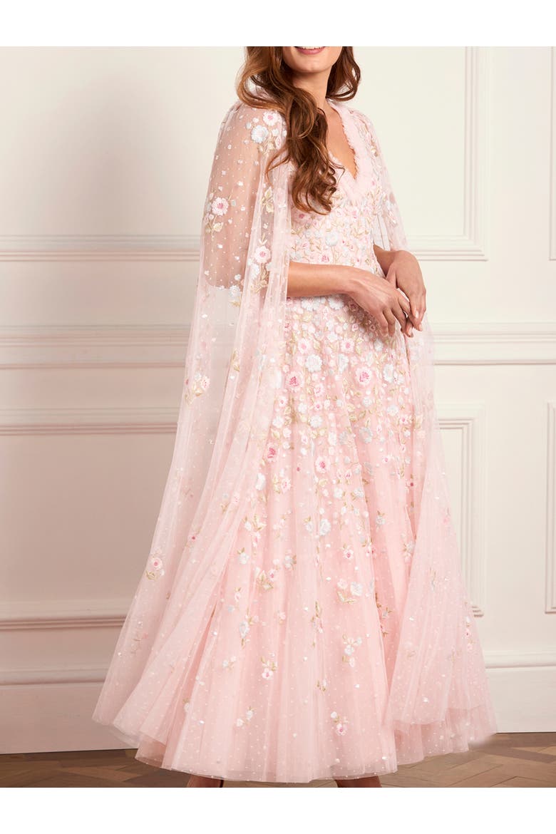 Ethereal Blooms Cape Sleeve Ankle Gown, Alternate, color, Seashell/Multi
