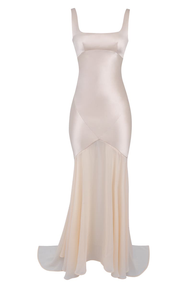 HOUSE OF CB Vittoria Paneled Satin & Chiffon Gown, Alternate, color, Macademia