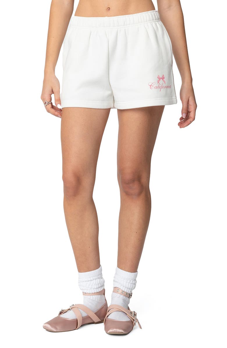 EDIKTED Cali Bow Cotton Blend Sweat Shorts, Main, color, White