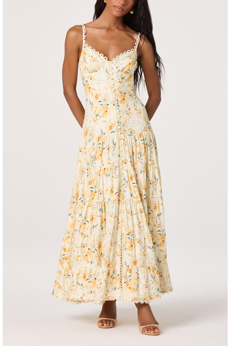 Tazia Floral Tiered Midi Dress, Alternate, color, YELLOW CREAM FLORAL