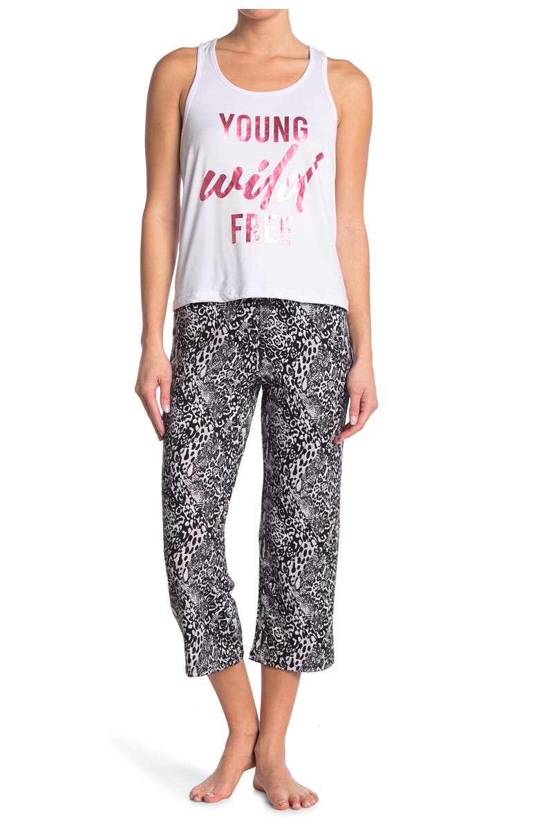 FRENCH AFFAIR Young Wild Free Animal Print Tank Top & Capri Pants Pajama 2-Piece Set, Main, color, 