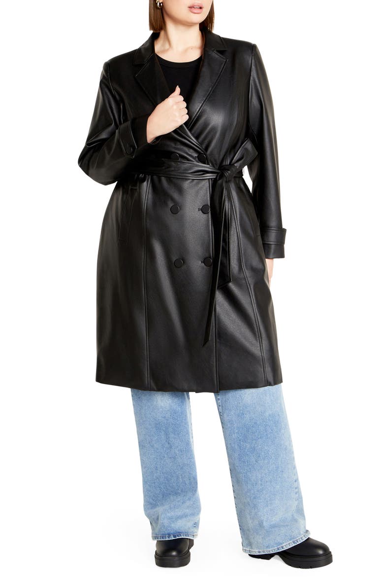 Briella Faux Leather Trench Coat, Main, color, BLACK