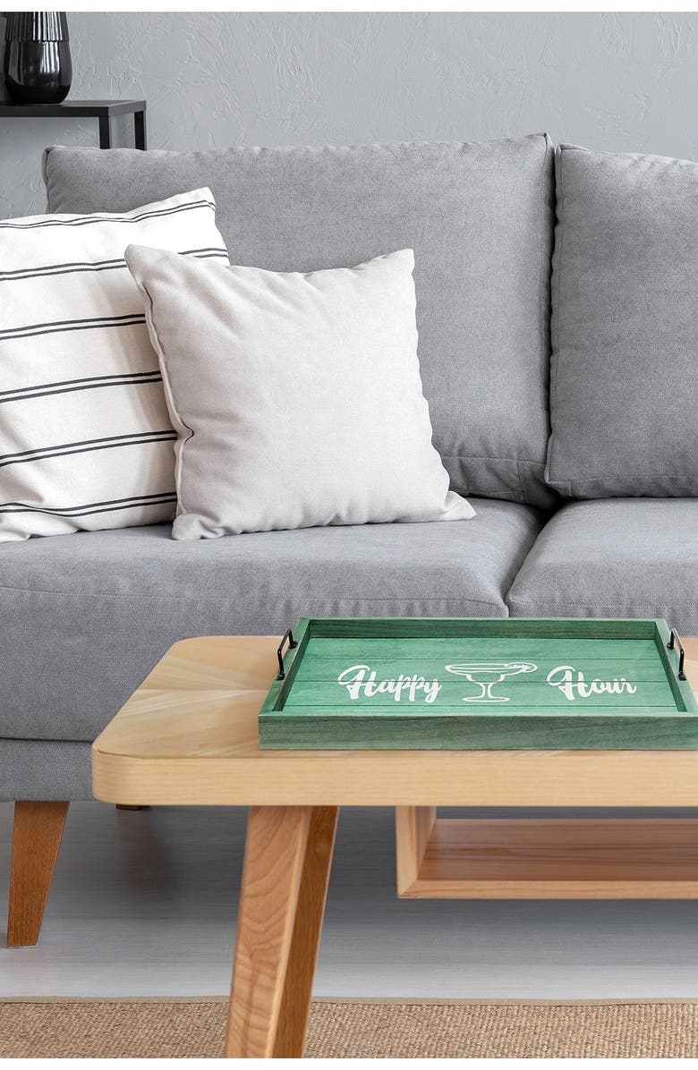 LALIA HOME Decorative Wood Serving Tray with Handles - 15.5" x 12" - "Happy Hour", Alternate, color, Aqua Wash