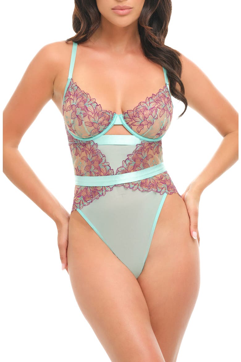 Adaline Embroidered Satin Binding & Sheer Mesh Teddy, Main, color, LILY POND 055/ MOJITO
