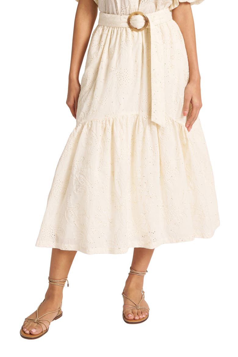 Liora Eyelet Belted Midi Skirt, Main, color, IVORY