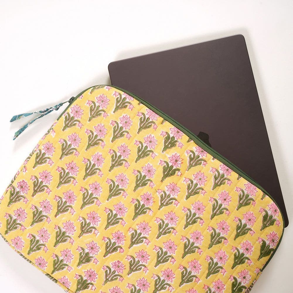 Zsa Zsa Zsu Rajpath Block Printed 100% Cotton Laptop Bag 14", Alternate, color, Yellow