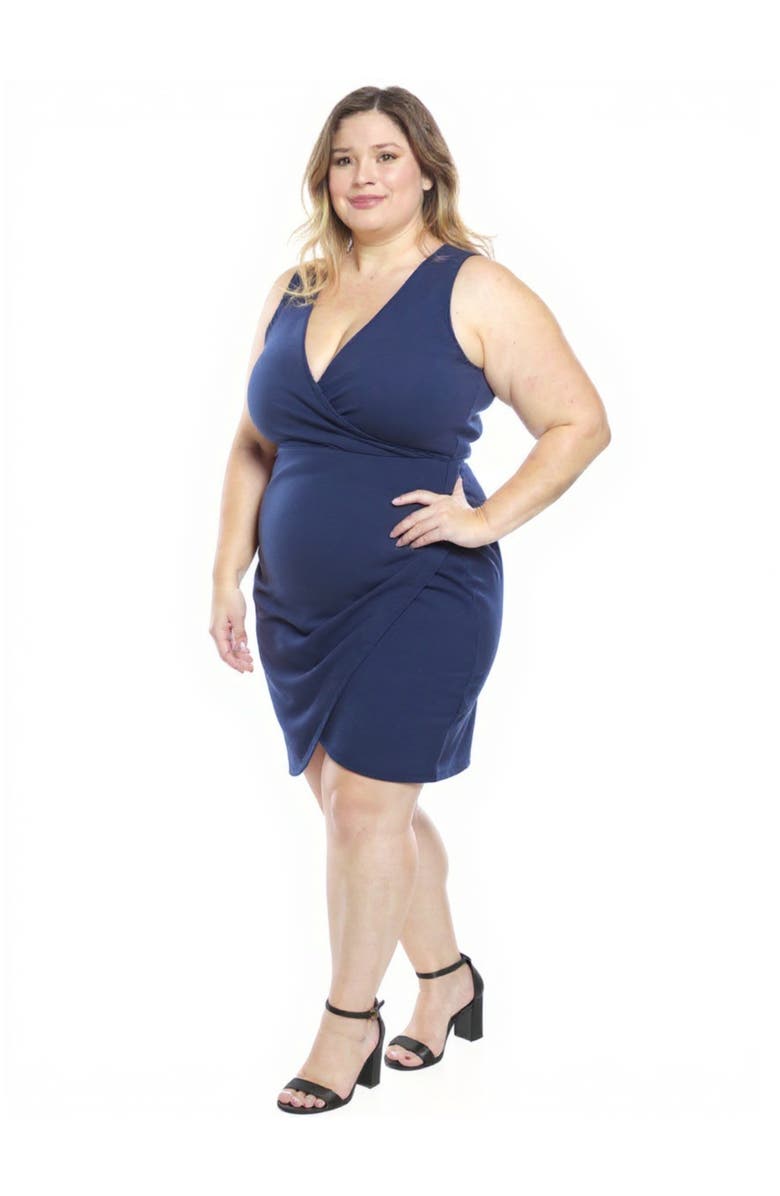 24seven Comfort Apparel Plus Size Solid V-Neck Sleeveless Faux Wrap Tulip Hem Midi Dress, Alternate, color, Navy
