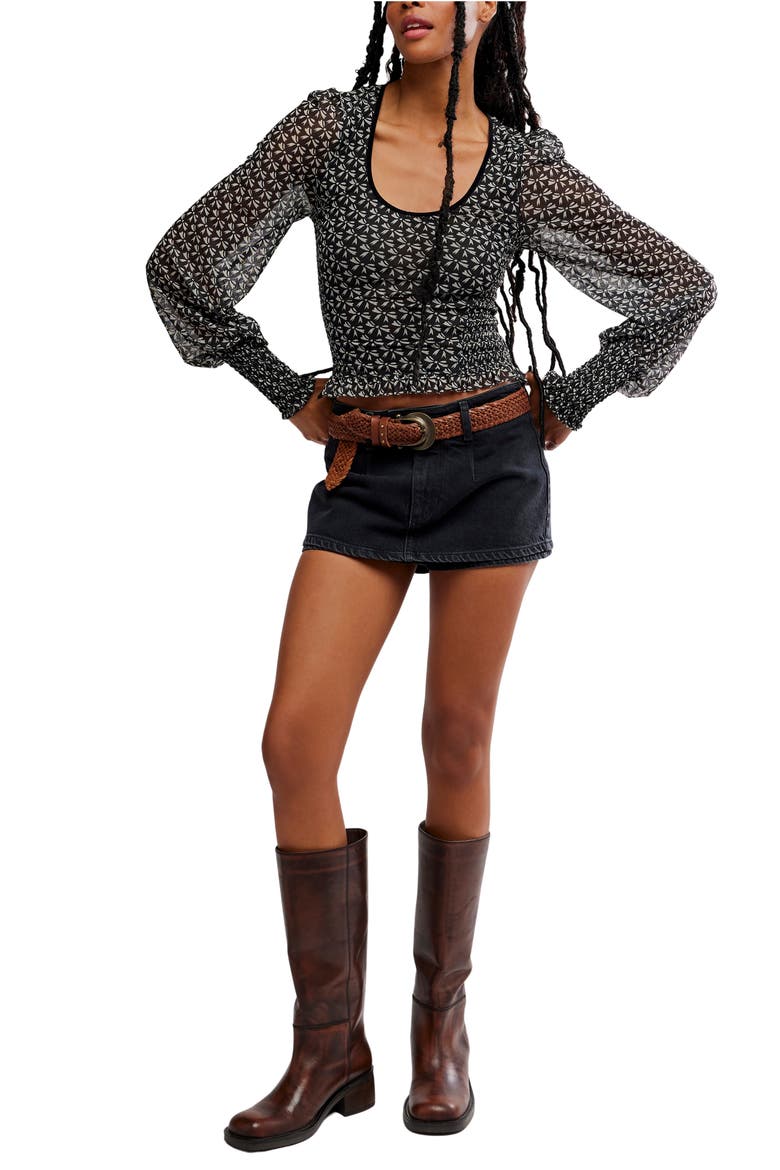 Dottie Bow Print Sheer Sleeve Smocked Top, Alternate, color, BLACK COMBO