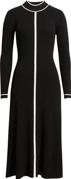 Elie Tahari The Noemi Contrast Trim Long Sleeve Rib Midi Dress