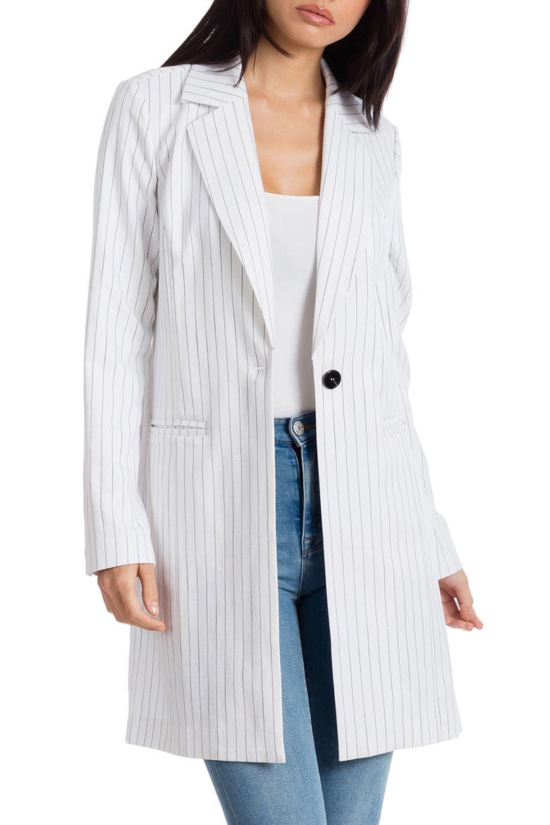 Pinstripe Longline Blazer, Main, color, WHITE/ BLACK