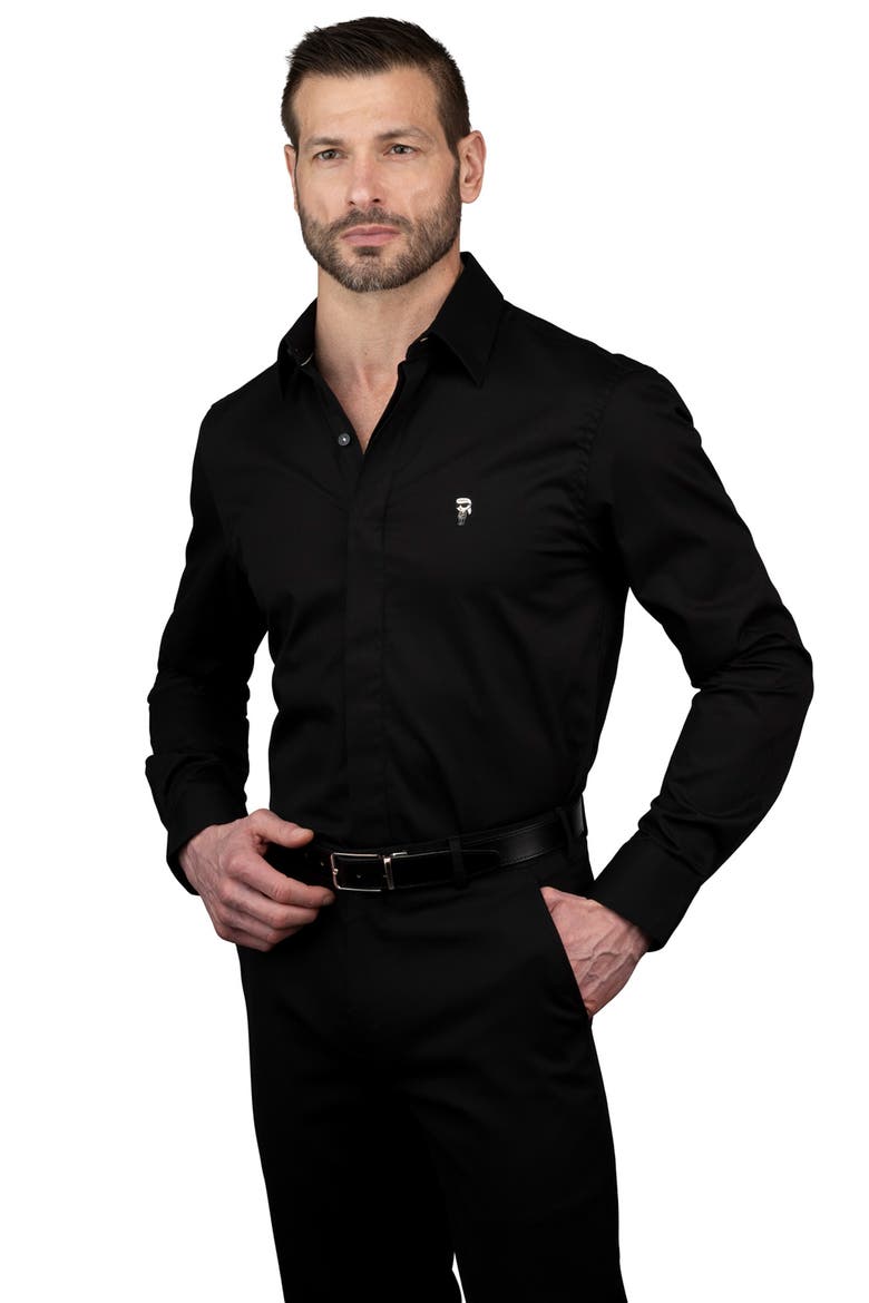 Trim Fit Solid Cotton Dress Shirt, Alternate, color, BLACK