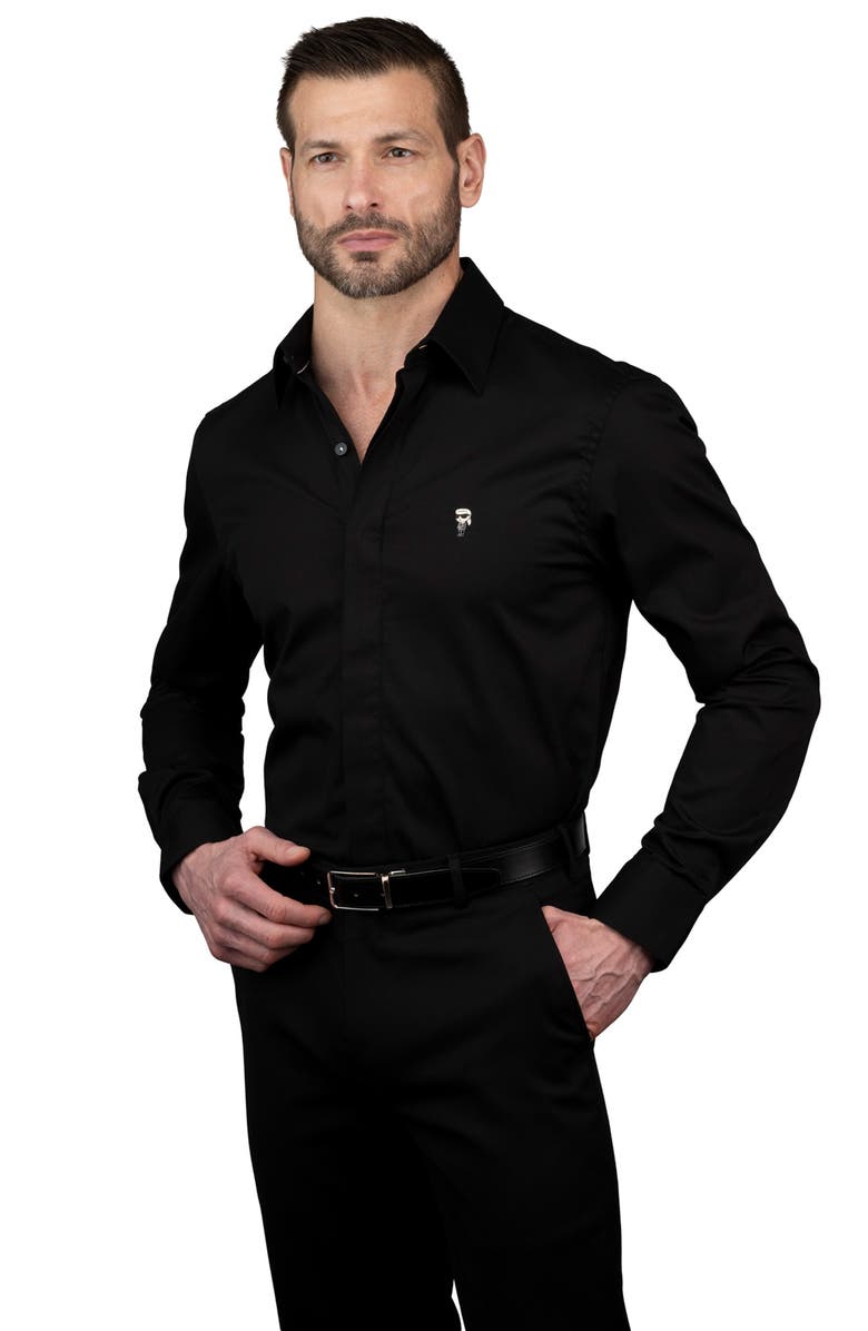 KARL LAGERFELD Trim Fit Solid Cotton Dress Shirt, Alternate, color, Black