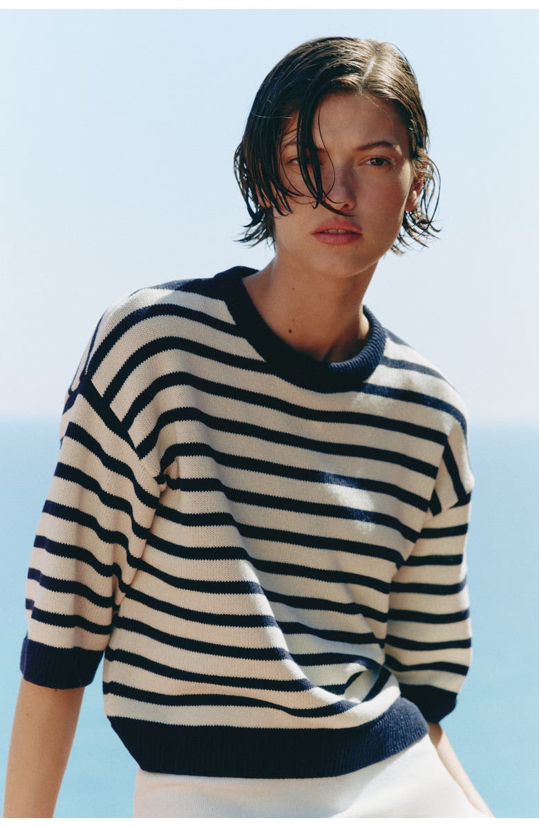 H&M Knitted T-shirt, Alternate, color, Navy Blue/Striped