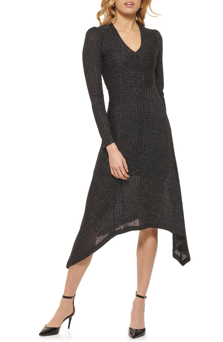 DKNY Rib Metallic Long Sleeve Fit & Flare Dress, Main, color, 