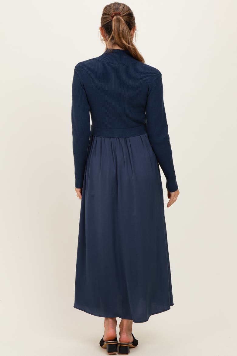 Knit Contrast Top Satin Midi Dress, Alternate, color, Navy Blue