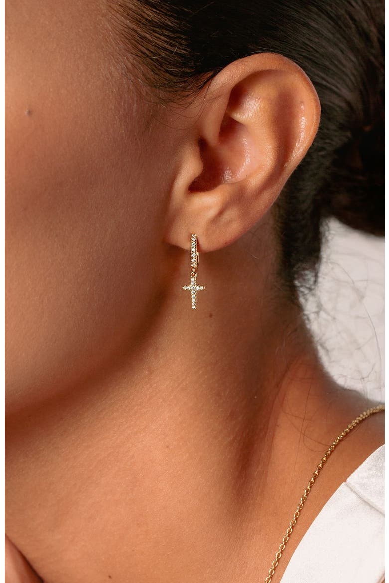 Luminous Pavé Cross Huggie Hoop Earrings, Alternate, color, 18k Gold Plated