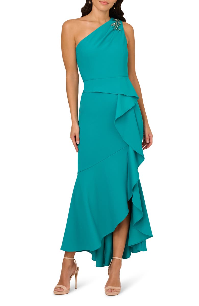 Adrianna Papell Beaded One-Shoulder Crepe Gown, Main, color, Teal Lagoon