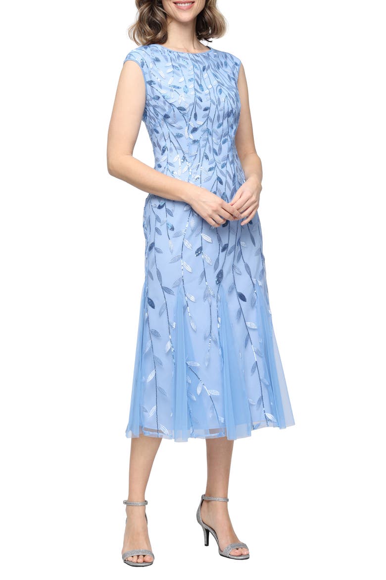 Sequin Leaf Embroidery Cocktail Midi Dress, Main, color, HYDRANGEA