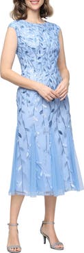 Alex Evenings Sequin Leaf Embroidery Cocktail Midi Dress