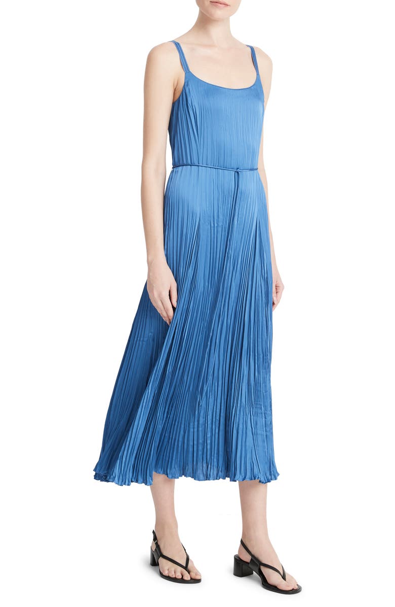 Vince Relaxed Plissé Satin Midi Slipdress, Alternate, color, Cadet Blue