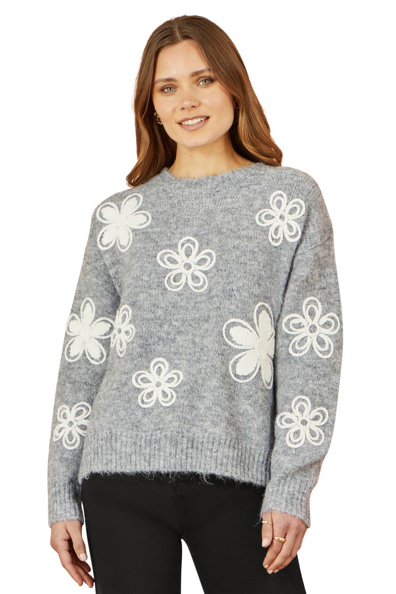 Crochet Flower Knit Sweater, Alternate, color, Grey