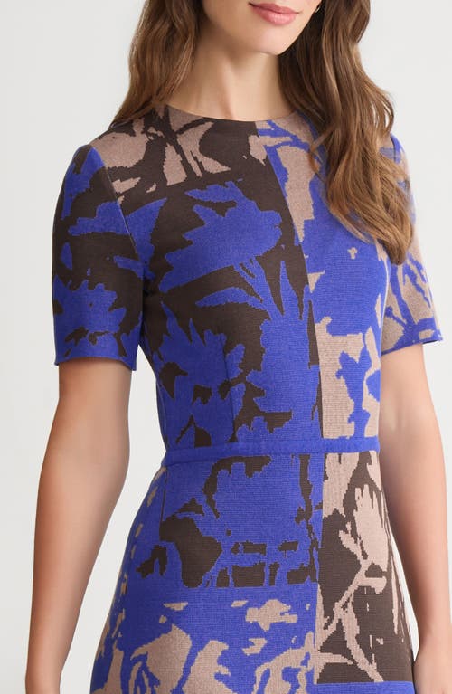 Ming Wang Floral Colorblock Knit Midi Dress In Blue