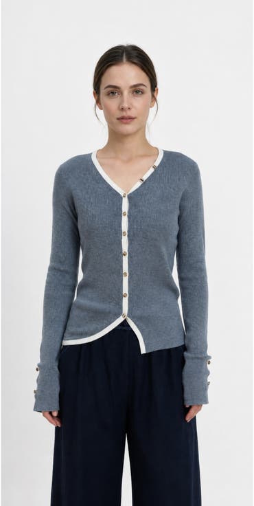 Contrast Trim Wool Blend V-Neck Cardigan