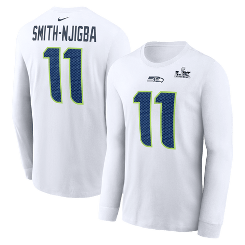Men's Nike Jaxon Smith-Njigba White Seattle Seahawks Super Bowl LX Champions Patch Name & Number Long Sleeve T-Shirt
