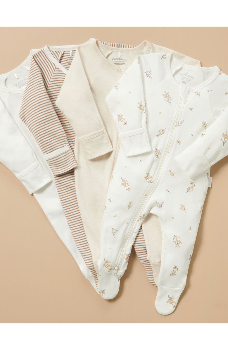 Purebaby 4 Pack Zip Footie Unisex, Alternate, color, Vanilla Wattle Bee Pack