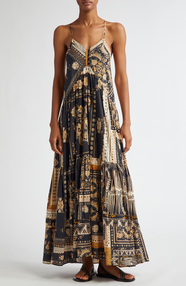 Isabel Marant Étoile Sabba Mixed Print Cotton Maxi Dress, Main, color, Black / Ochre